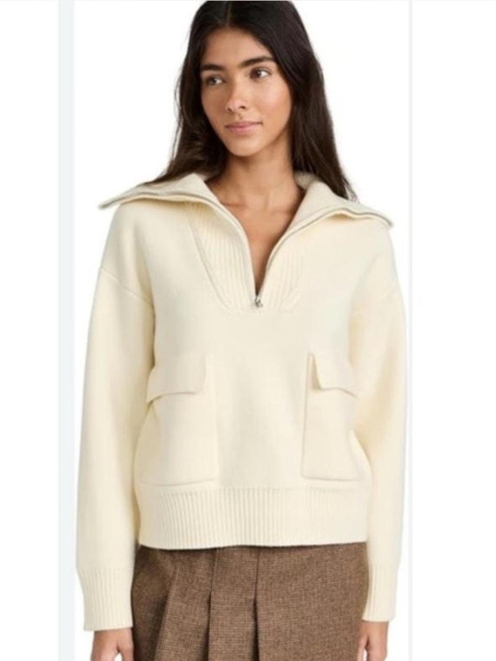 Anthropologie Cream Half-Zip Pocket Pullover Sweater